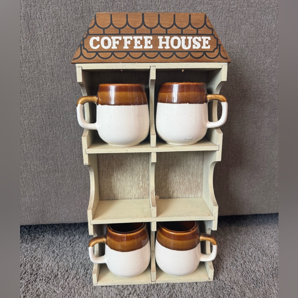 Wooden Coffee House Shelf with 4 mugs